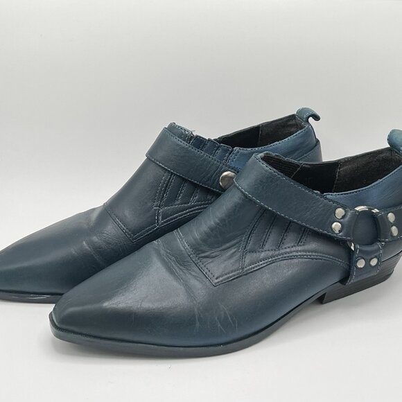 Vintage 90s Tribeca Leather Ankle Harness Teal Booties Womens 6.5 Biker Brazil - Picture 2 of 11